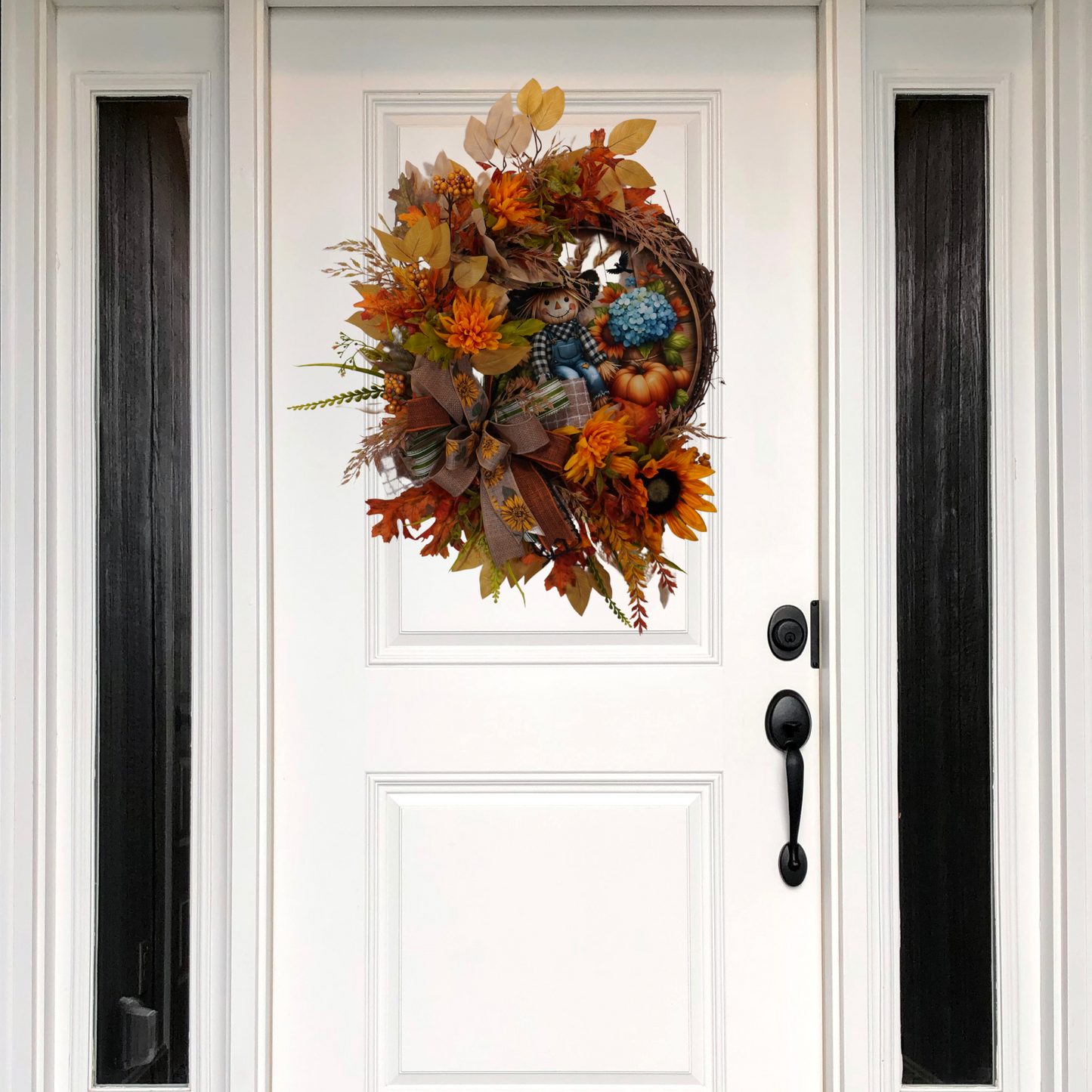 Fall Grapevine wreath with Sunflowers, and a metal sign with a Scarecrow, Blue Hydrangeas, and pumpkins