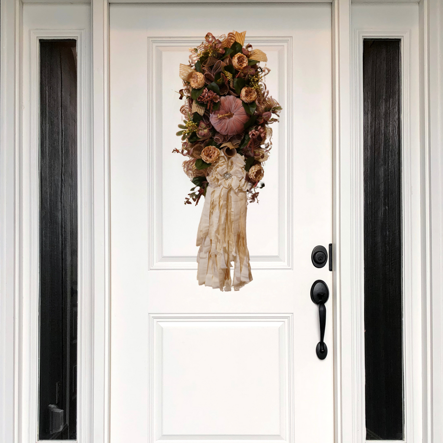Elegant Fall Pumpkin wreath with a Cream colored Rag Bow, Mauve colored pumpkin attachment