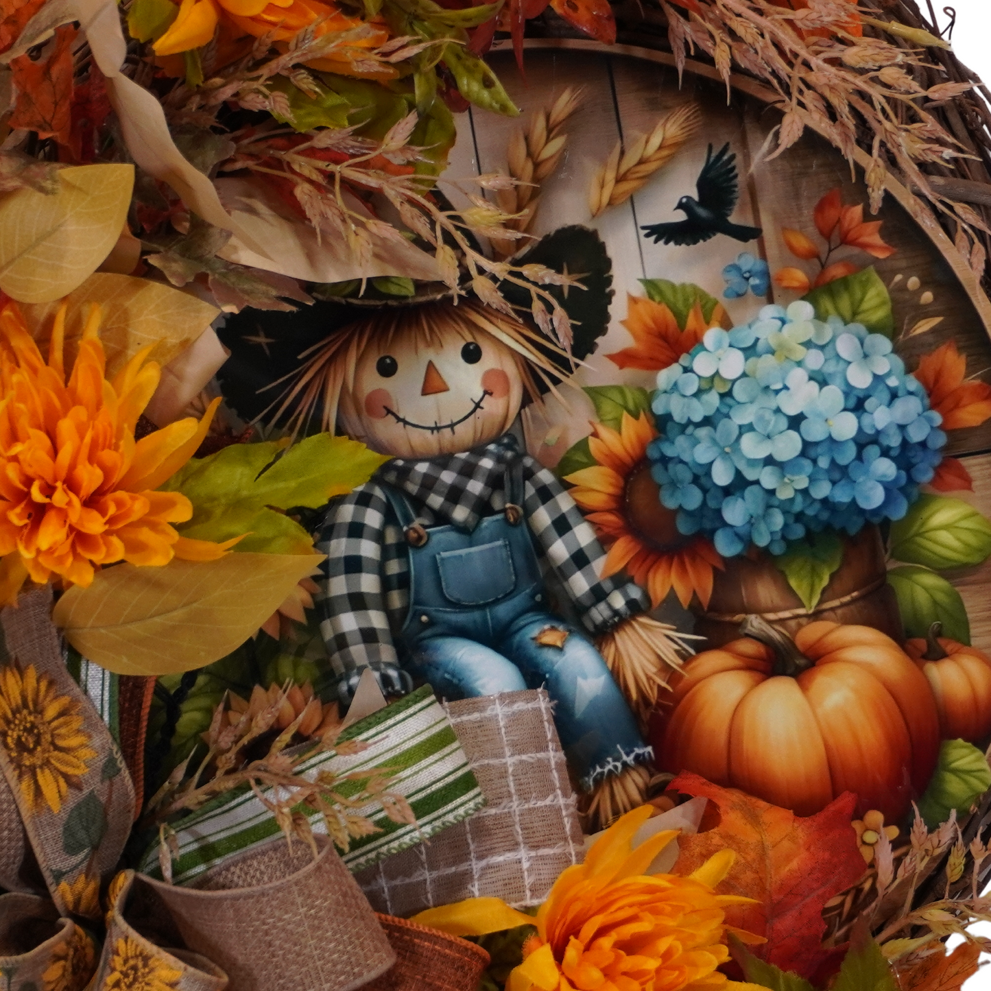 Fall Grapevine wreath with Sunflowers, and a metal sign with a Scarecrow, Blue Hydrangeas, and pumpkins