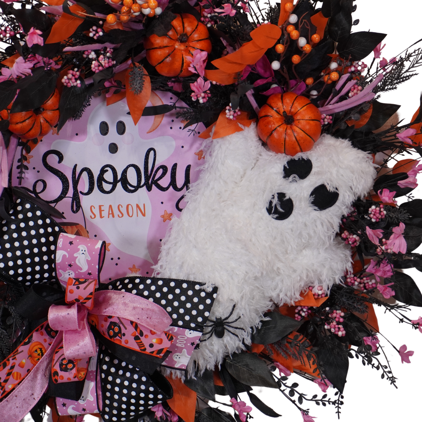Happy Halloween Spooky Season Ghost wreath Pink, Black, Orange, and White