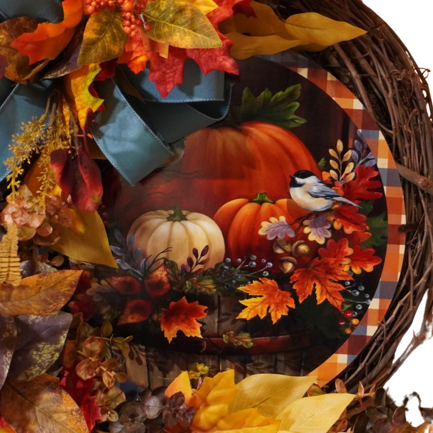 Fall wreath with Pumpkin sign with little bird, and Fall florals with berries