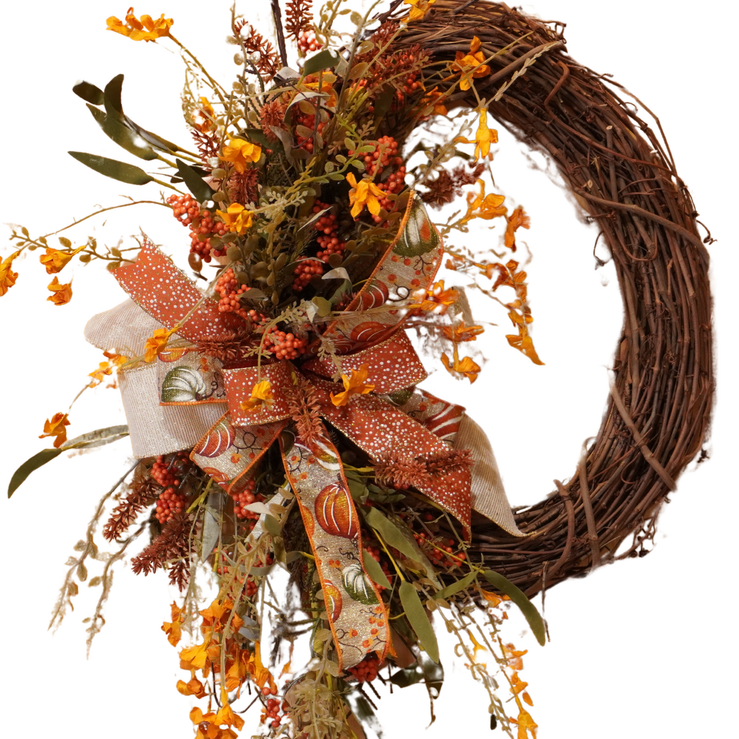 Fall Wreath, Orange, Beige, and Moss Green-themed Grapevine design