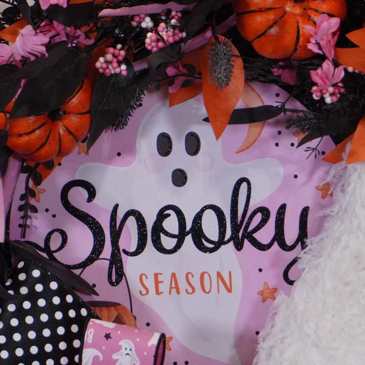 Happy Halloween Spooky Season Ghost wreath Pink, Black, Orange, and White