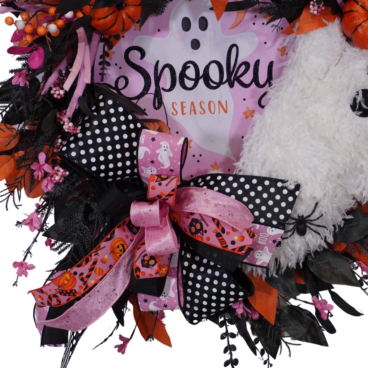 Happy Halloween Spooky Season Ghost wreath Pink, Black, Orange, and White