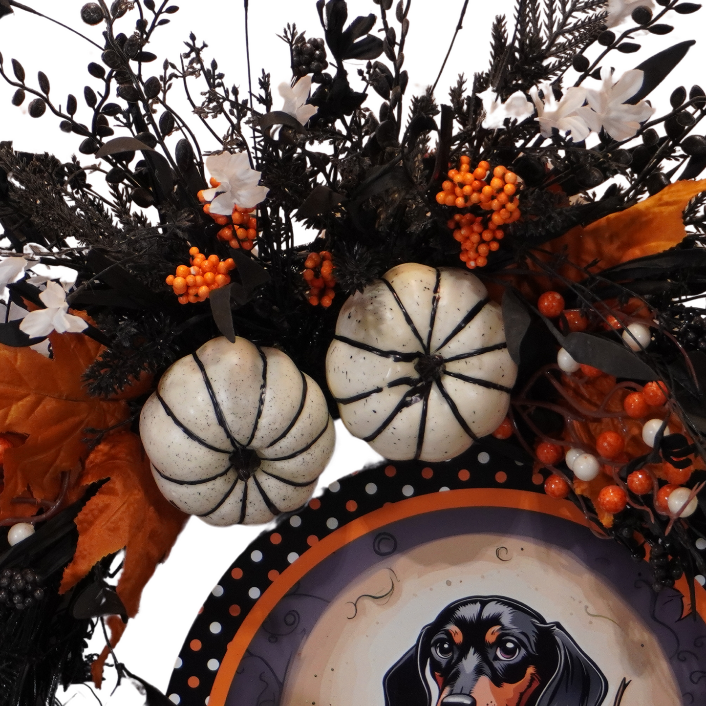 Happy Halloween Weiner Dog themed wreath on a Black Grapevine base the a metal Weiner Dog and Jack-o-lantern sign