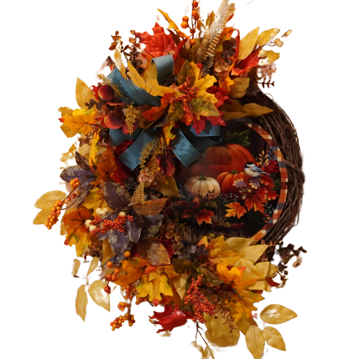 Fall wreath with Pumpkin sign with little bird, and Fall florals with berries