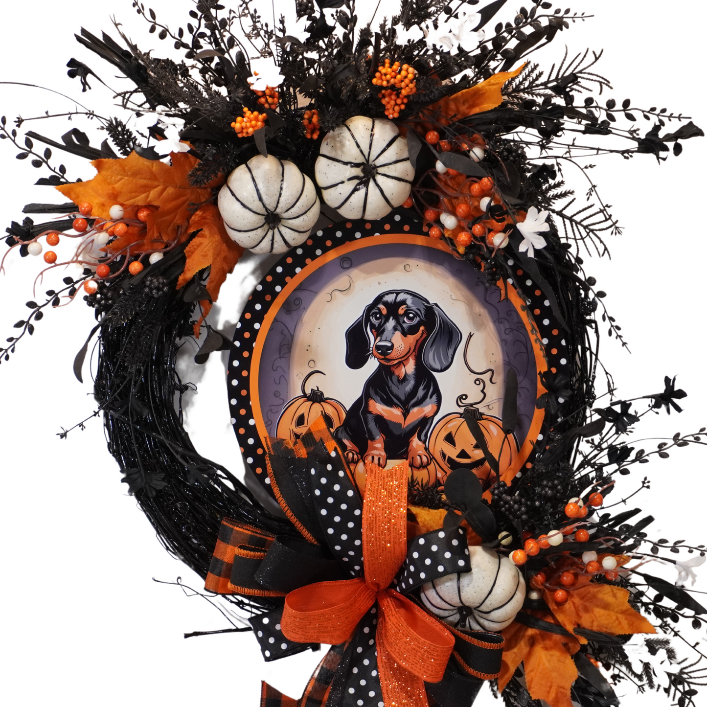 Happy Halloween Weiner Dog themed wreath on a Black Grapevine base the a metal Weiner Dog and Jack-o-lantern sign