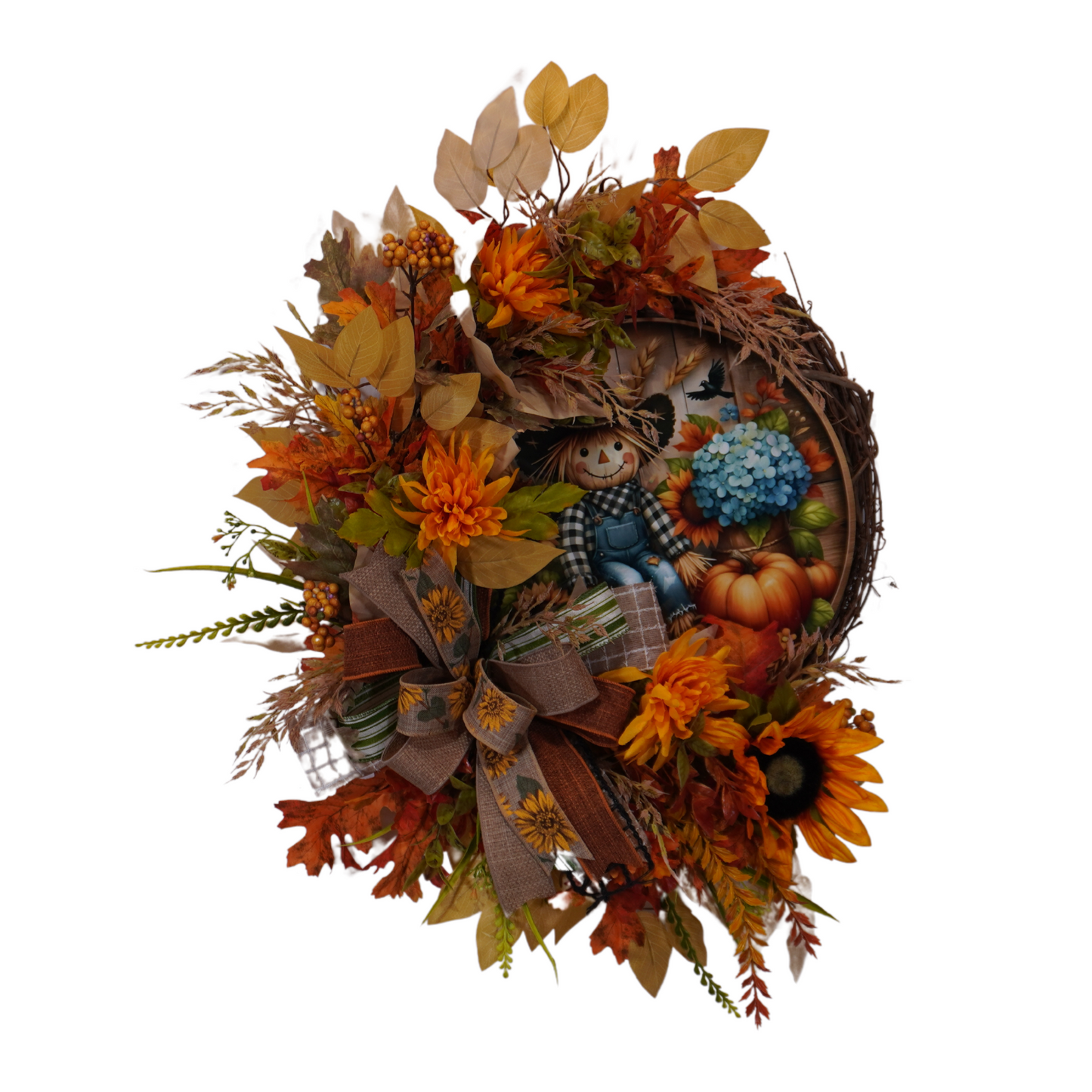 Fall Grapevine wreath with Sunflowers, and a metal sign with a Scarecrow, Blue Hydrangeas, and pumpkins