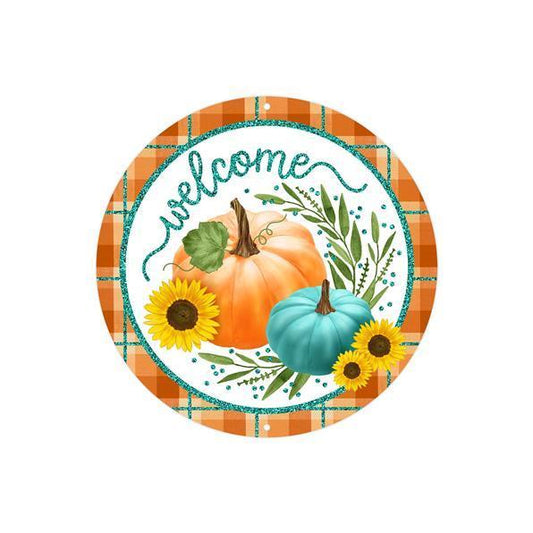 8 inch metal Glitter Welcome with Pumpkins Fall sign Orange, Teal, Moss, and Yellow