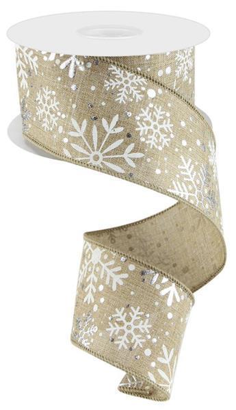 2.5 inch x 10 yard Multi Snowflakes on wired royal burlap ribbon Light Beige and Silver