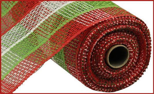 10 inch x 10 yard Poly Burlap Check deco mesh Red, Lime, and White