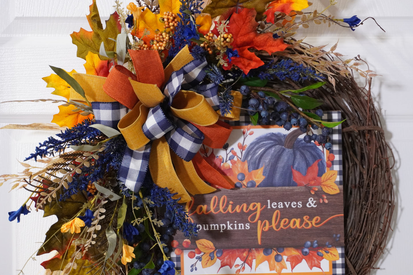 Falling Leaves and Pumpkins Please Handmade Fall wreath made on a Grapevine base