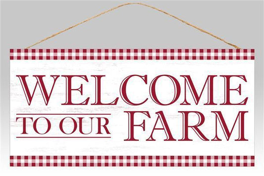 Welcome to our Farm sign red and white gingham 12.5 inchx 6 inch MDF sign