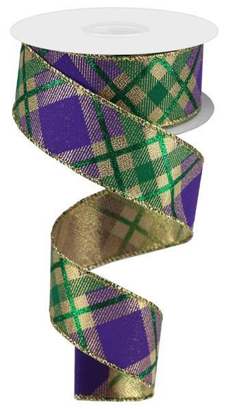 Mardi Gras glitter plaid wired ribbon 1.5 inch x 10 yard