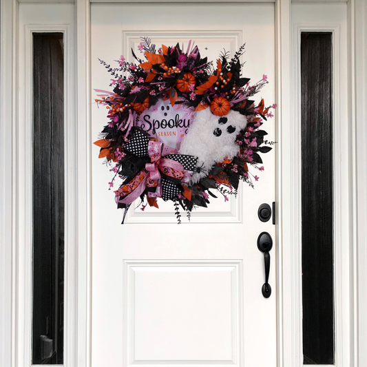 Happy Halloween Spooky Season Ghost wreath Pink, Black, Orange, and White