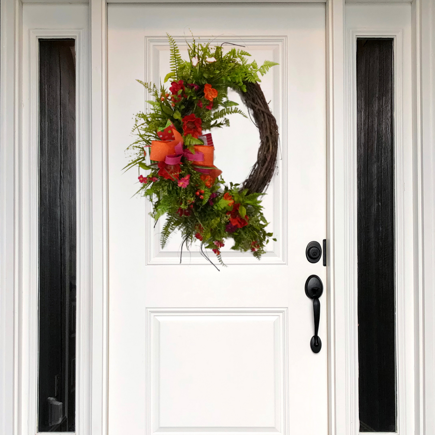 Watermelon-themed Summer grapevine wreath with Bright Pink and Coral ribbon with Red Poppies