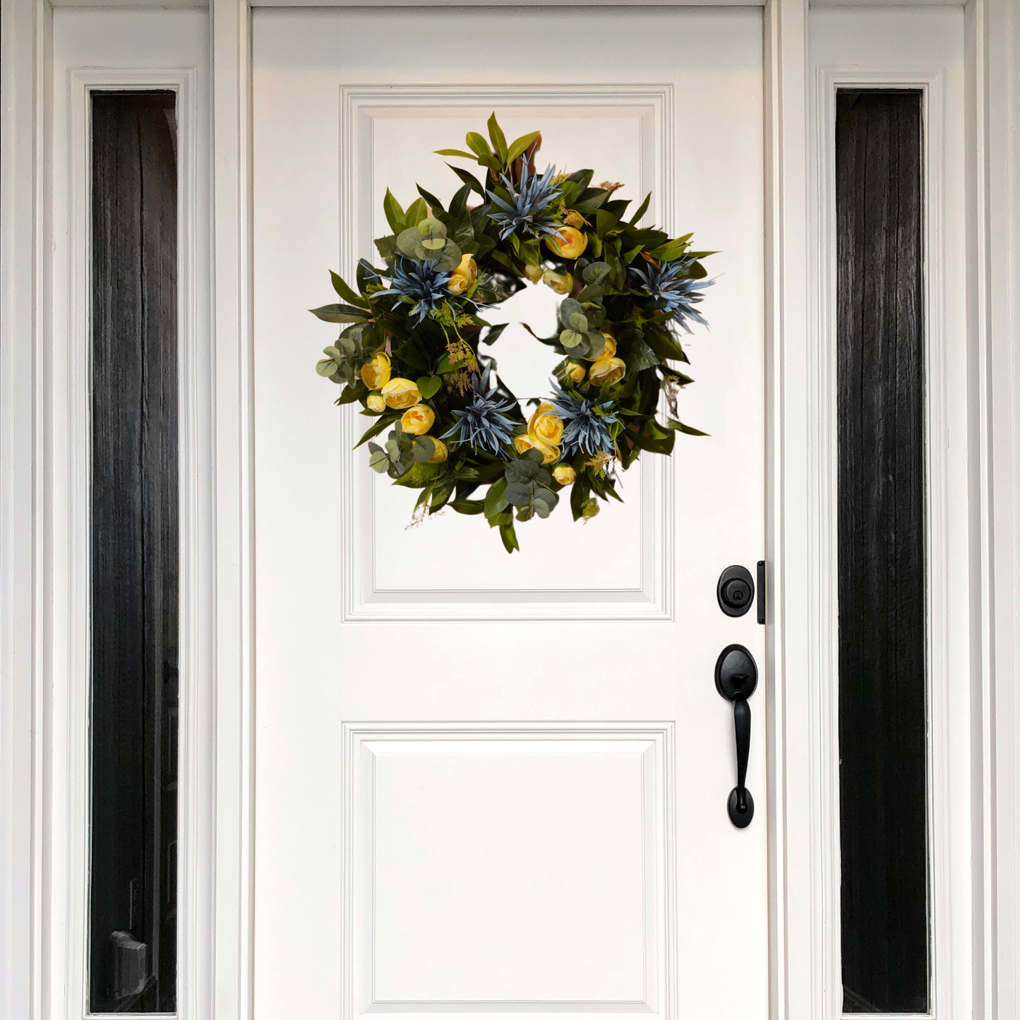 Everyday Grapevine wreath with Blue and Yellow flowers