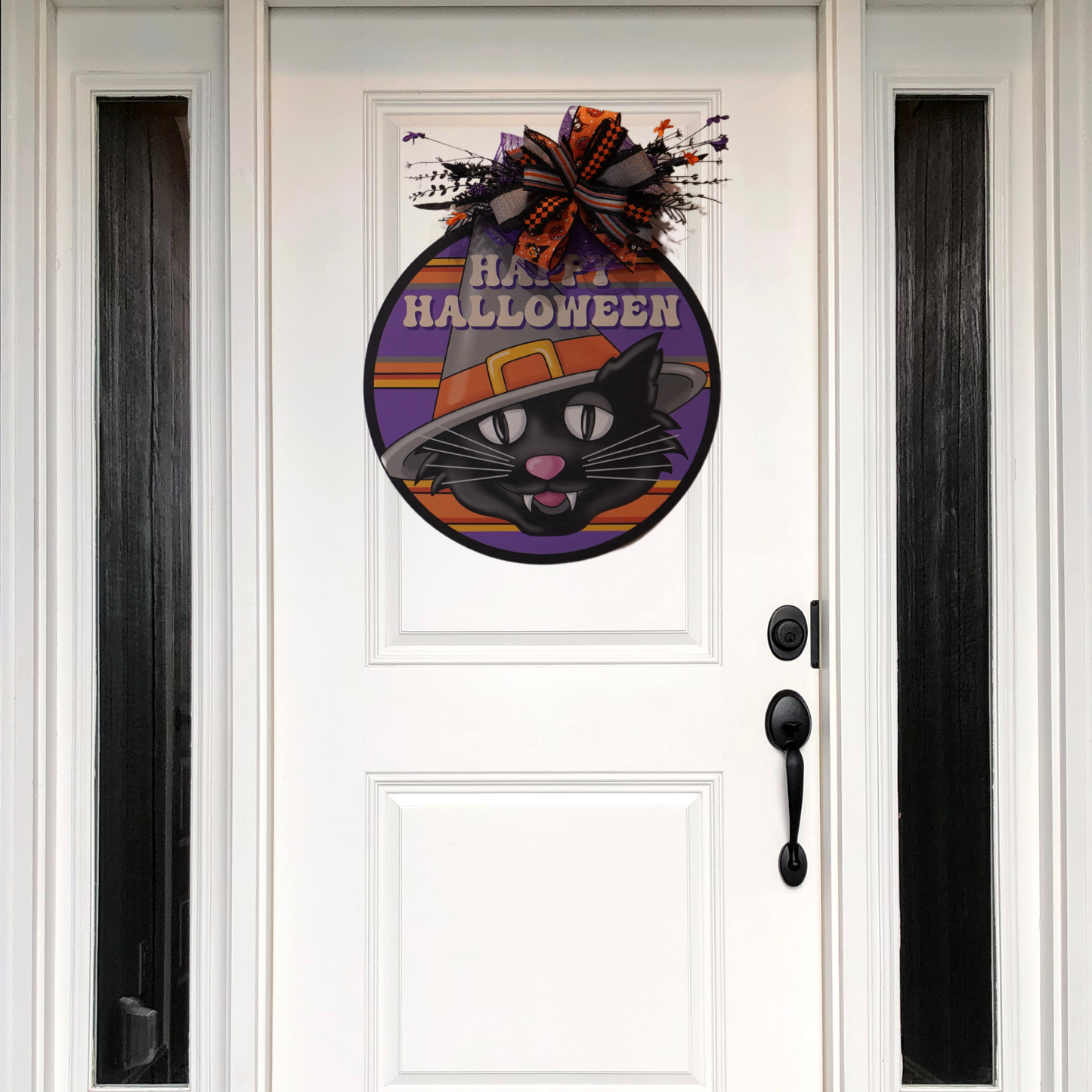 Wooden Happy Halloween Door Hanger with Black Cat wearing a Witch Hat