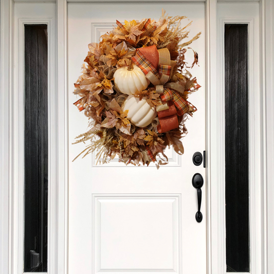 Neutral colored Fall Pumpkin wreath with large Cream pumpkins and Fall ribbons