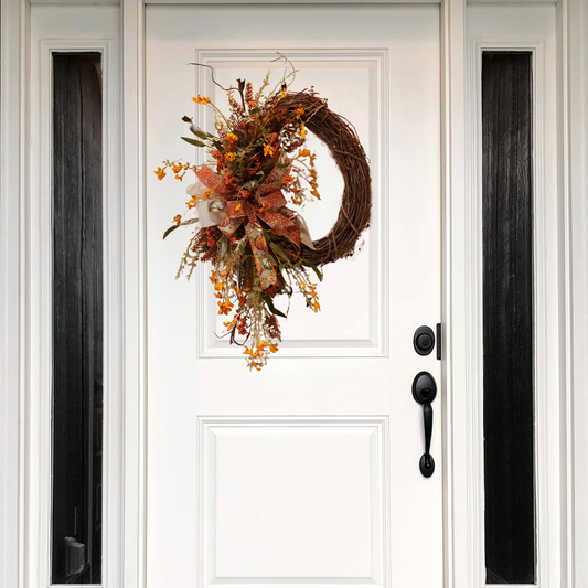 Fall Wreath, Orange, Beige, and Moss Green-themed Grapevine design