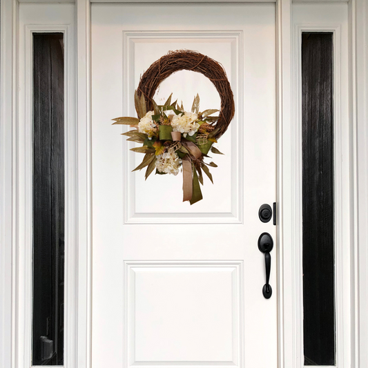 Everyday wreath with Cream Hydrangeas, Moss ribbon, Burlap ribbon, Window Payne ribbon, and Green florals