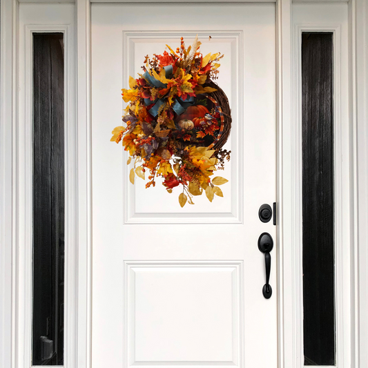 Fall wreath with Pumpkin sign with little bird, and Fall florals with berries