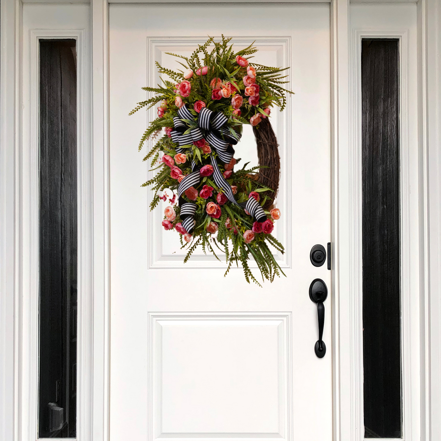 Spring/Summer grapevine wreath with Pink Peonies and Black and White striped ribbon