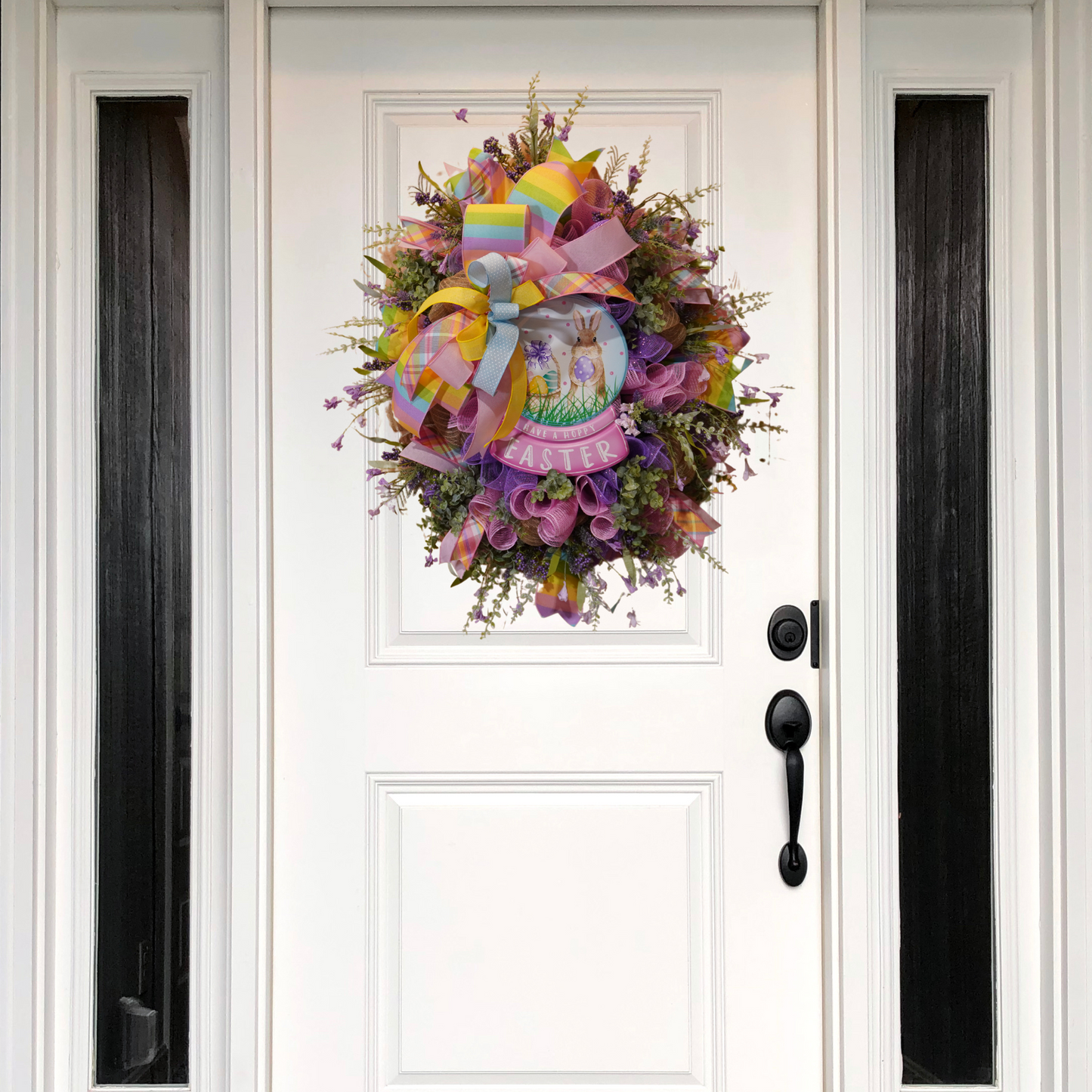 Hoppy Easter Spring wreath with embossed metal sign made on an Evergreen wreath