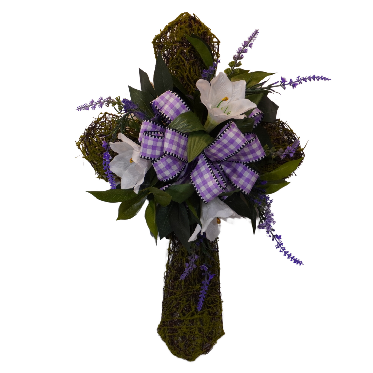 Moss Cross Religious or Easter themed design door hanger on a Moss Cross base with Lilies and a Purple Gingham bow