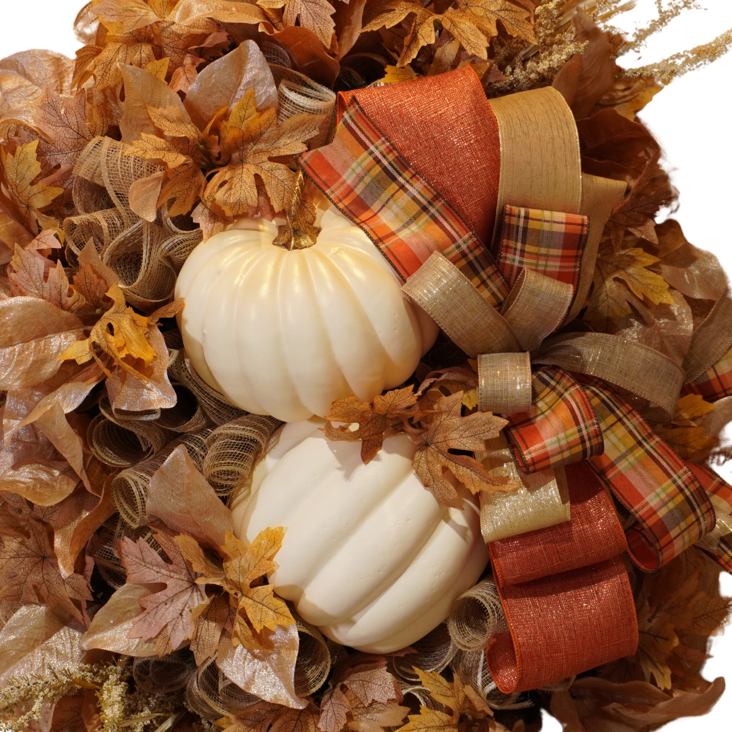 Neutral colored Fall Pumpkin wreath with large Cream pumpkins and Fall ribbons