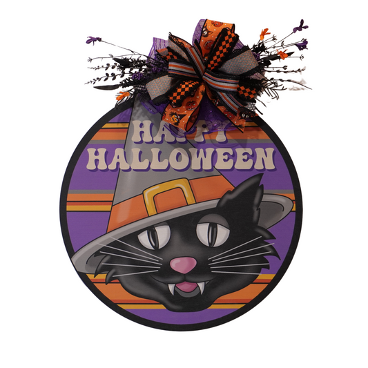 Wooden Happy Halloween Door Hanger with Black Cat wearing a Witch Hat