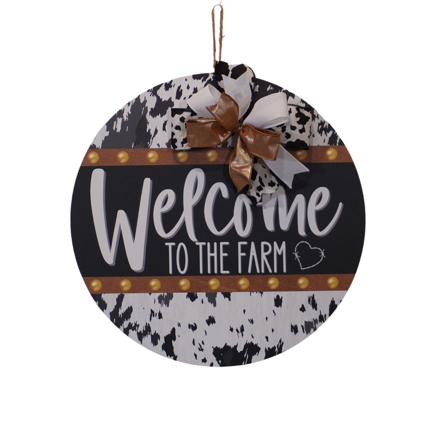 Welcome to the Farm wooden round door hanger in Black and White print