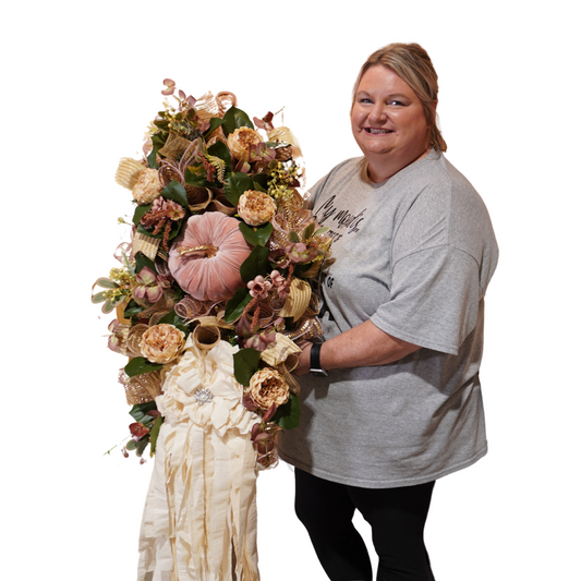 Elegant Fall Pumpkin wreath with a Cream colored Rag Bow, Mauve colored pumpkin attachment