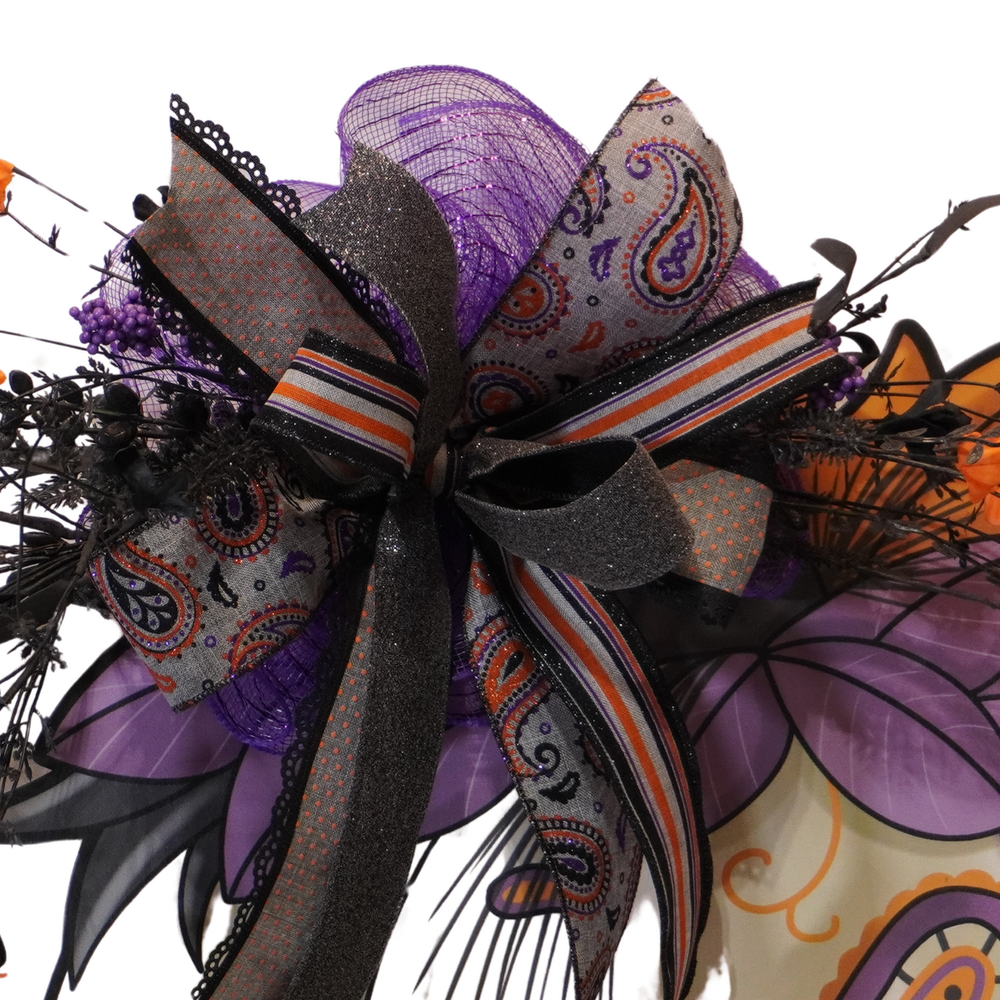 Paisley Falloween Pumpkin Wooden Door Hanger with a larger bow