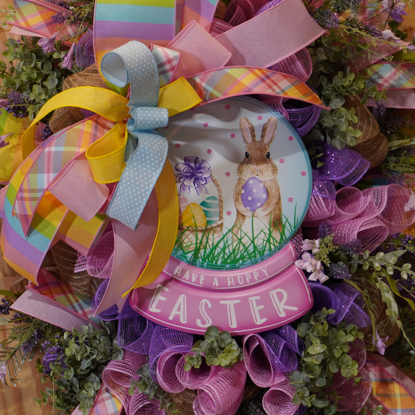 Hoppy Easter Spring wreath with embossed metal sign made on an Evergreen wreath