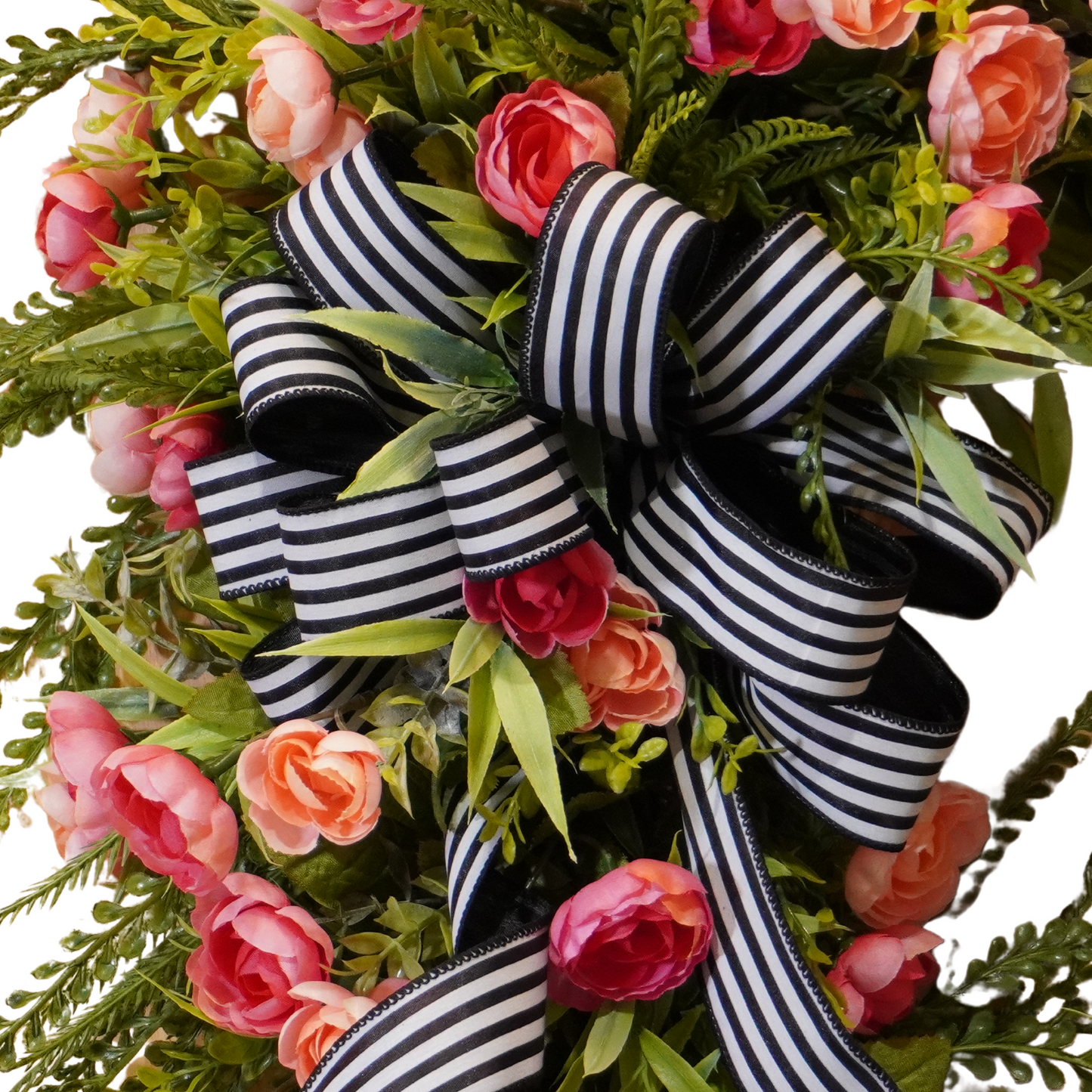 Spring/Summer grapevine wreath with Pink Peonies and Black and White striped ribbon