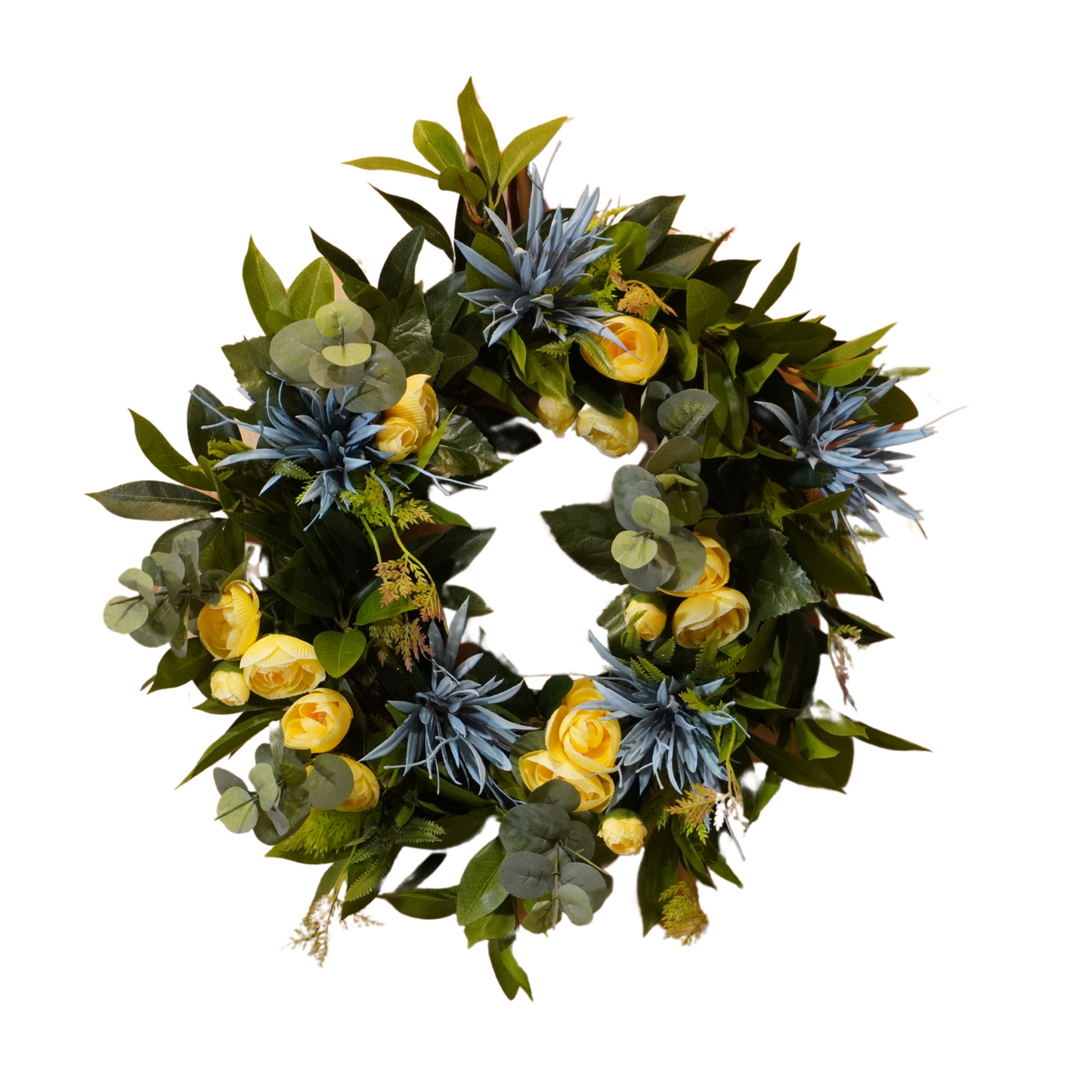 Everyday Grapevine wreath with Blue and Yellow flowers