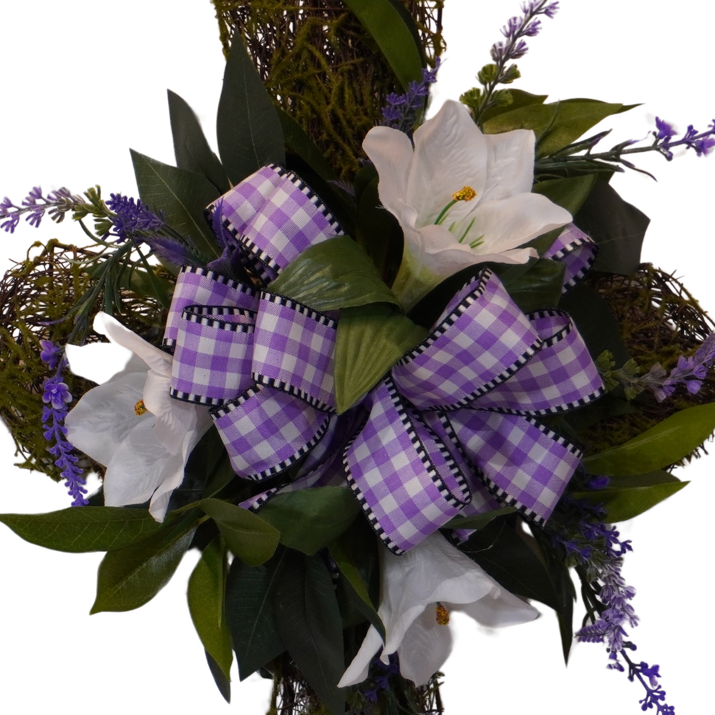 Moss Cross Religious or Easter themed design door hanger on a Moss Cross base with Lilies and a Purple Gingham bow