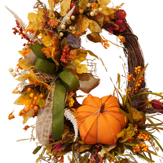 Fall Wreath with large Orange fabric pumpkin attachment with Fall Foliage Grapevine wreath