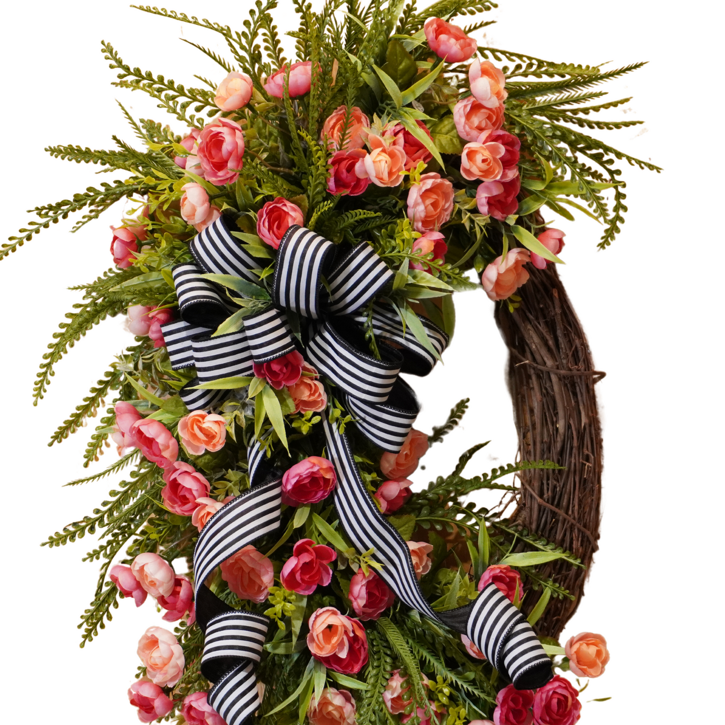 Spring/Summer grapevine wreath with Pink Peonies and Black and White striped ribbon