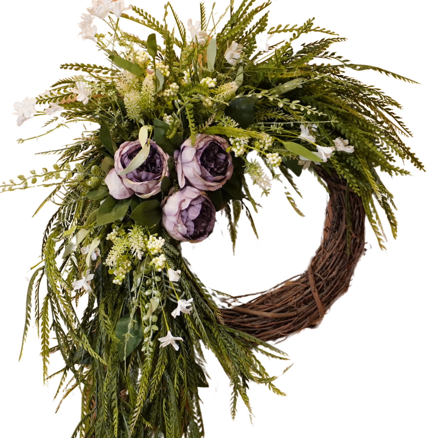 Trendy Sawgrass Grapevine wreath with Purple Peonies and White floral filler bush