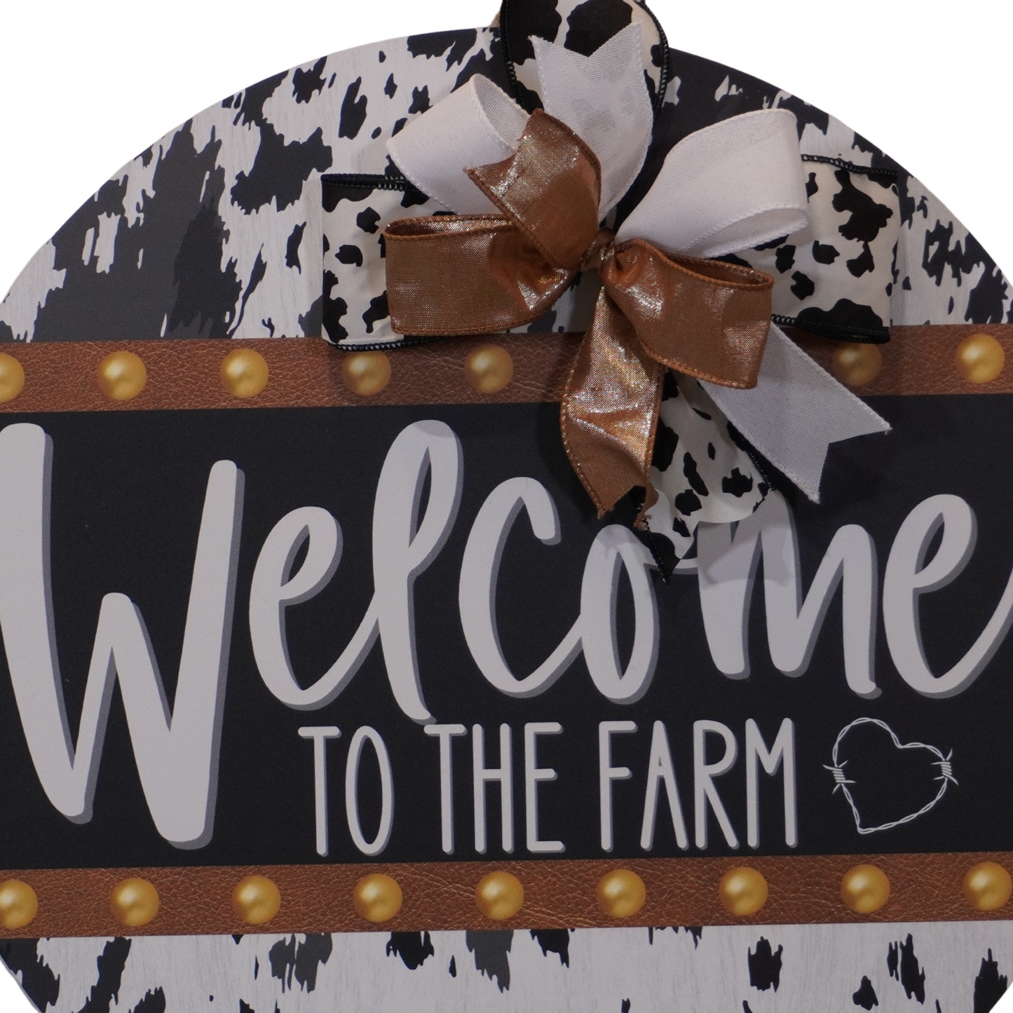 Welcome to the Farm wooden round door hanger in Black and White print