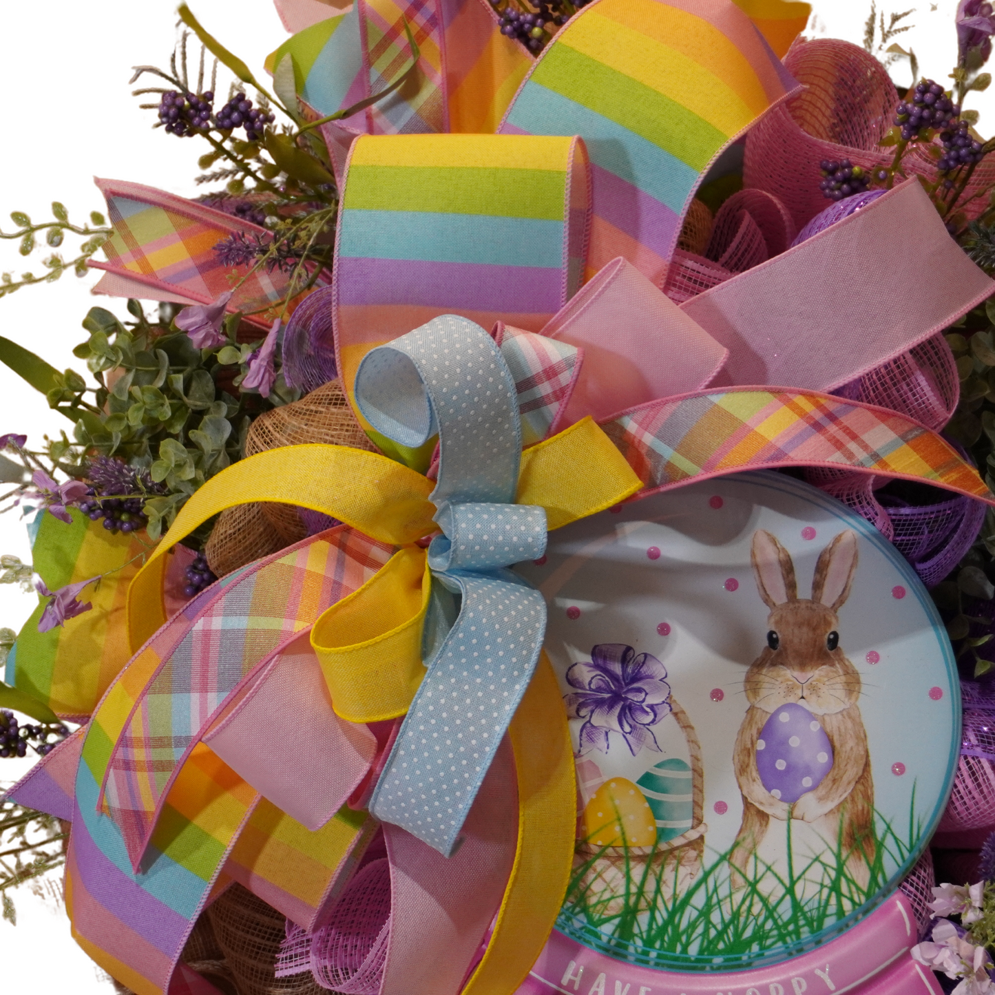 Hoppy Easter Spring wreath with embossed metal sign made on an Evergreen wreath