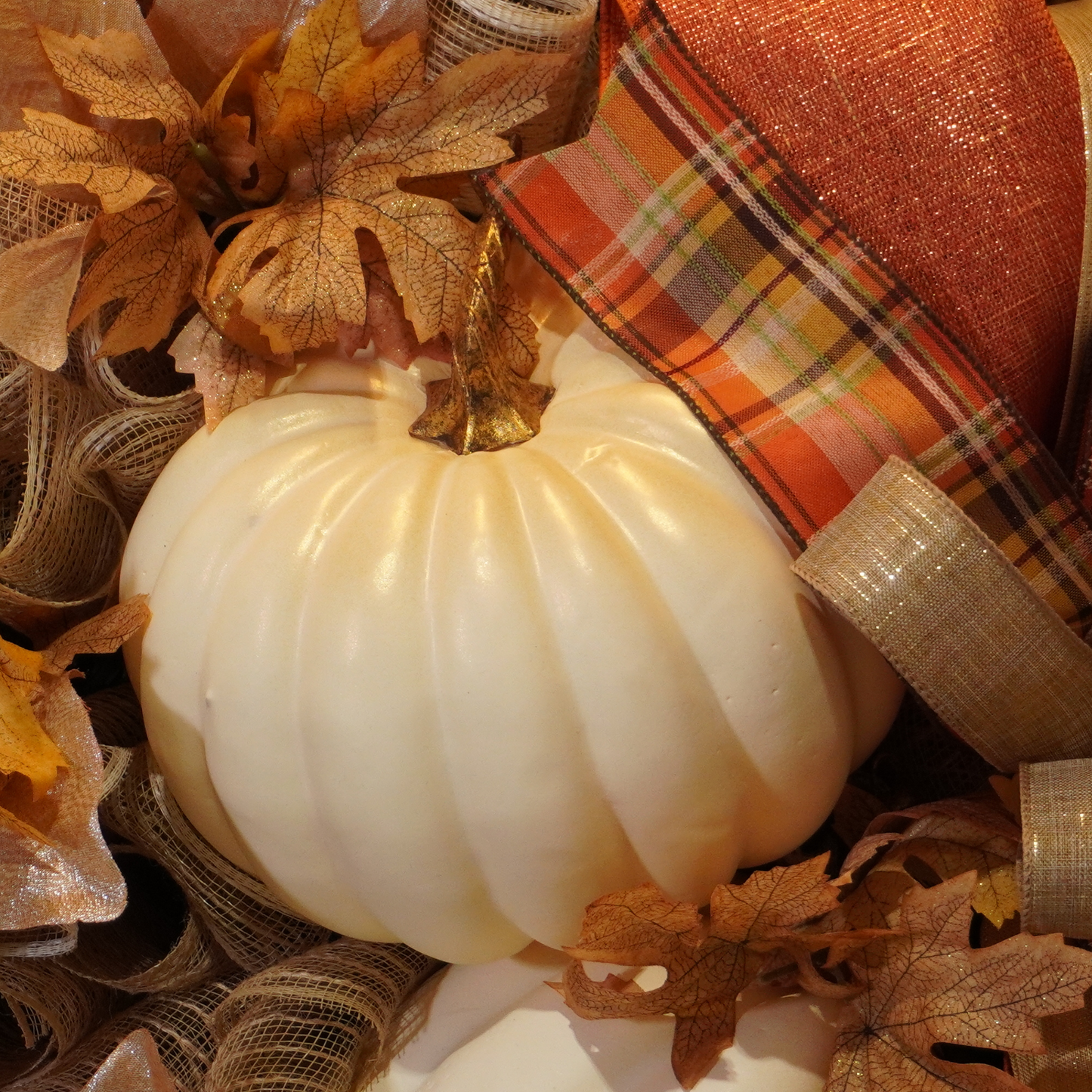 Neutral colored Fall Pumpkin wreath with large Cream pumpkins and Fall ribbons