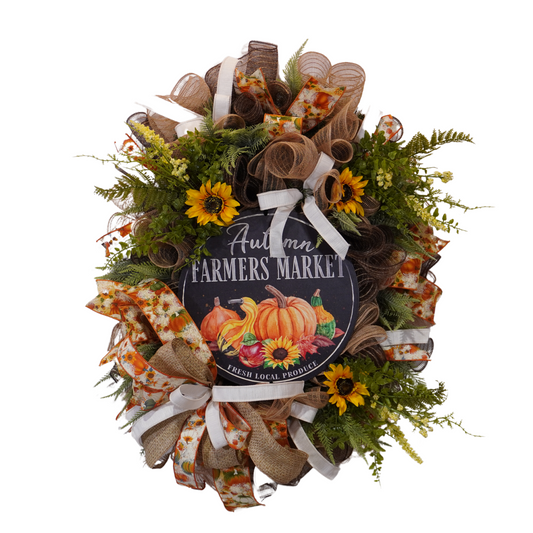 Autumn Fall Farmers Market wreath with Sunflowers, Greenery and metal sign with pumpkins on an evergreen base