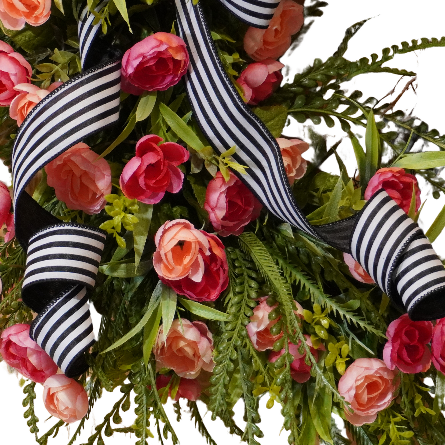 Spring/Summer grapevine wreath with Pink Peonies and Black and White striped ribbon