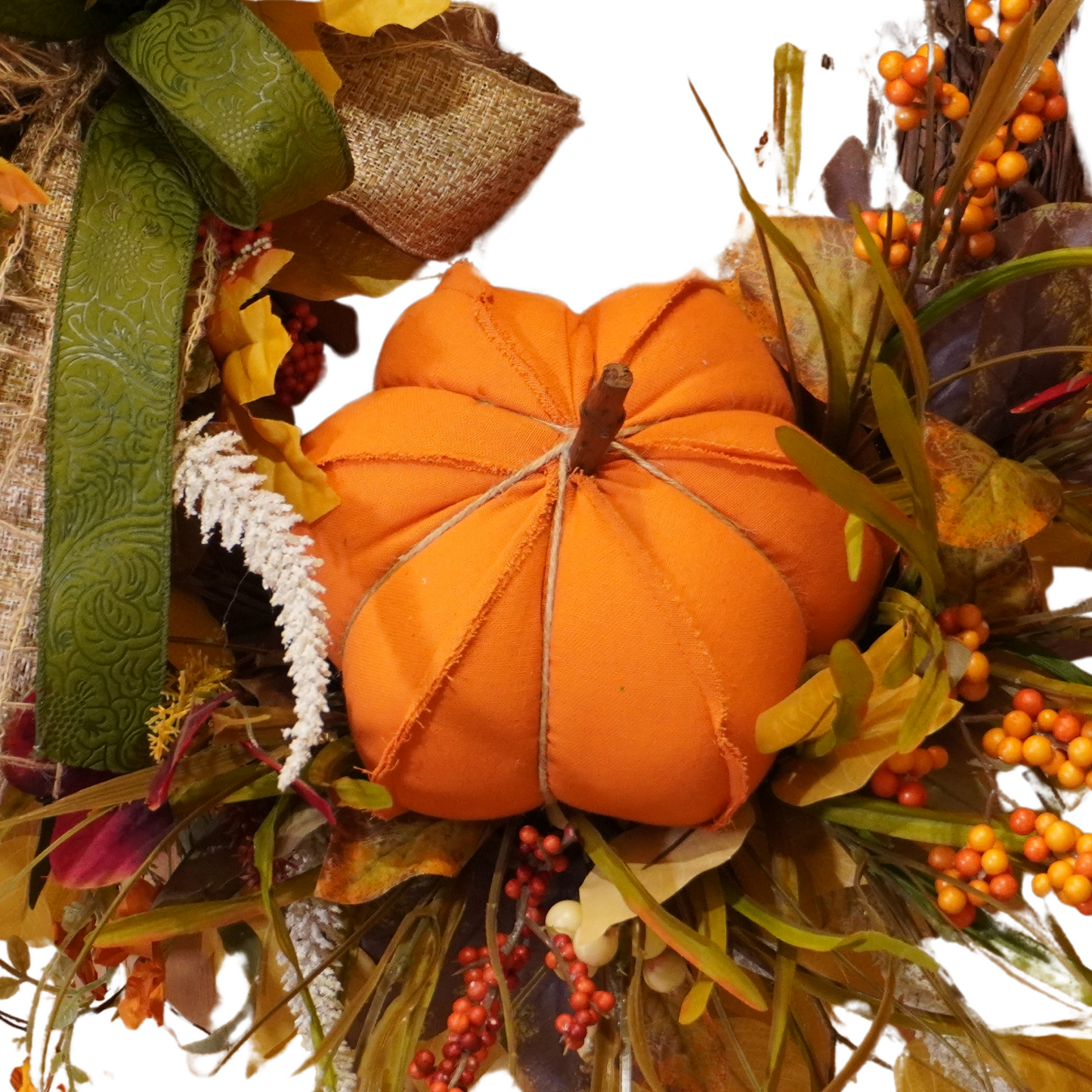 Fall Wreath with large Orange fabric pumpkin attachment with Fall Foliage Grapevine wreath