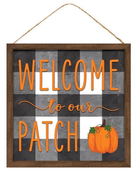 10 inch square Welcome to Our Patch with wood frame MDF Fall sign Black, White, Brown, Moss, and Orange