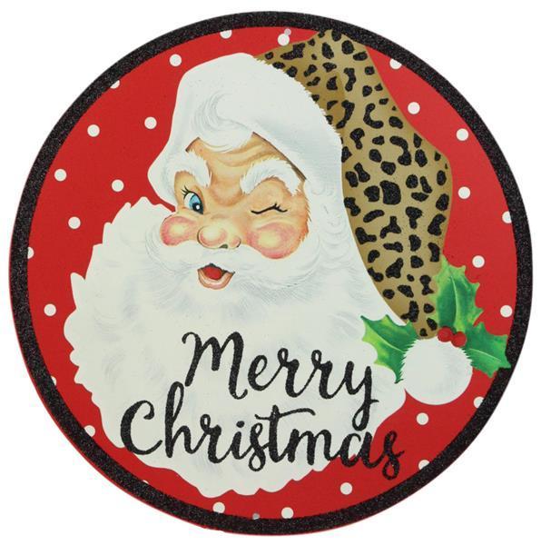 12 inch round metal Glitter Merry Christmas winking Santa sign Red, White, Black, and tan