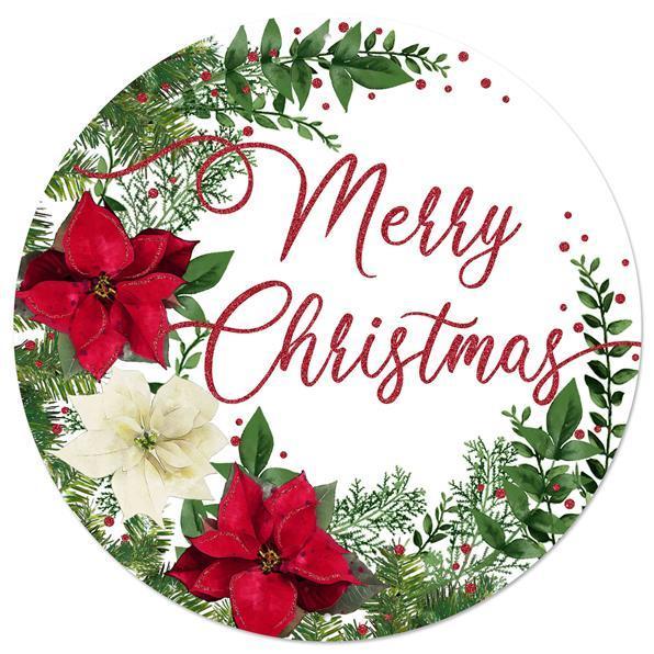 12-inch round metal Glitter Merry Christmas sign Red, Cream, and Green